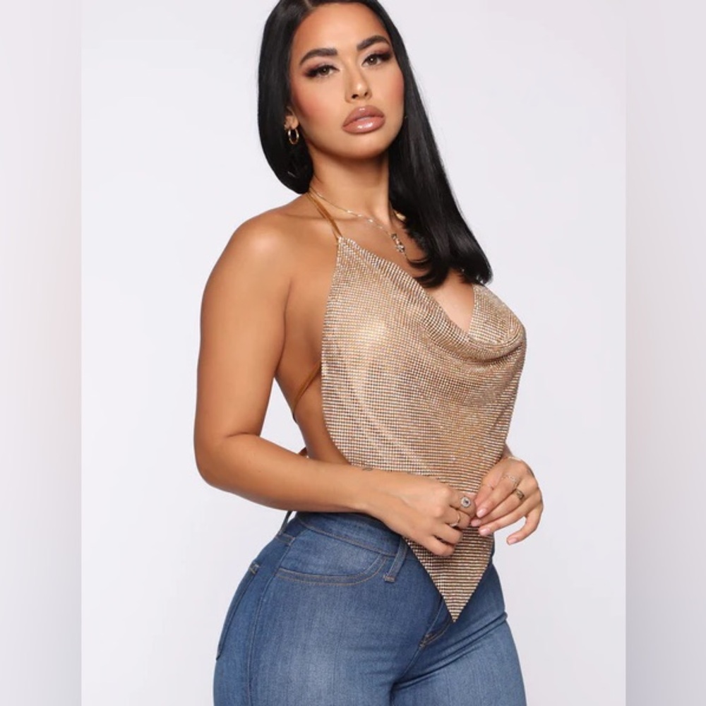 Fashion Nova Shimmering Gold Halter Neck Top